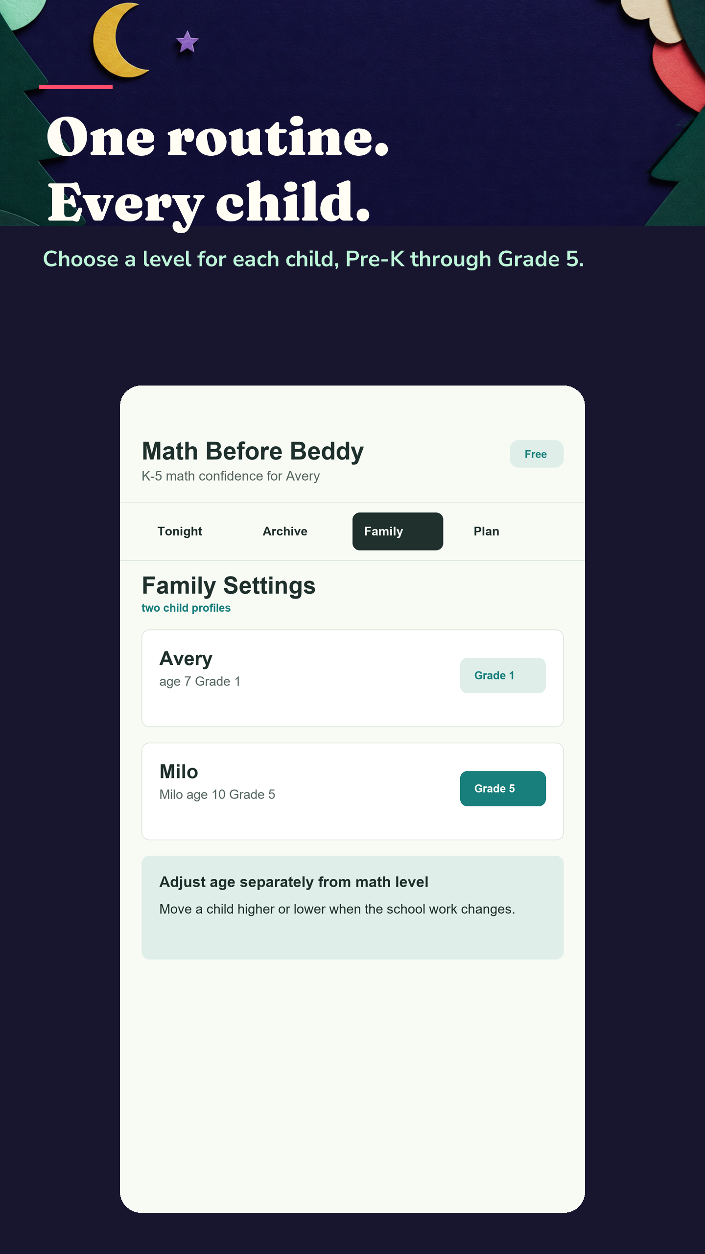 Math Before Beddy Family Settings with separate math levels for two children