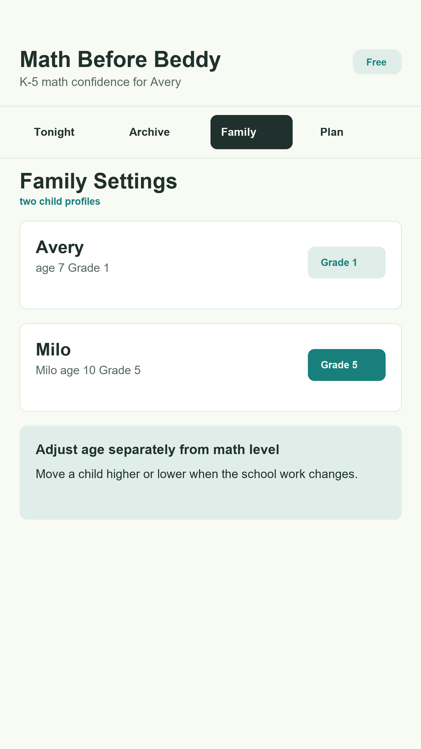 Family Settings with two child profiles and separate math levels