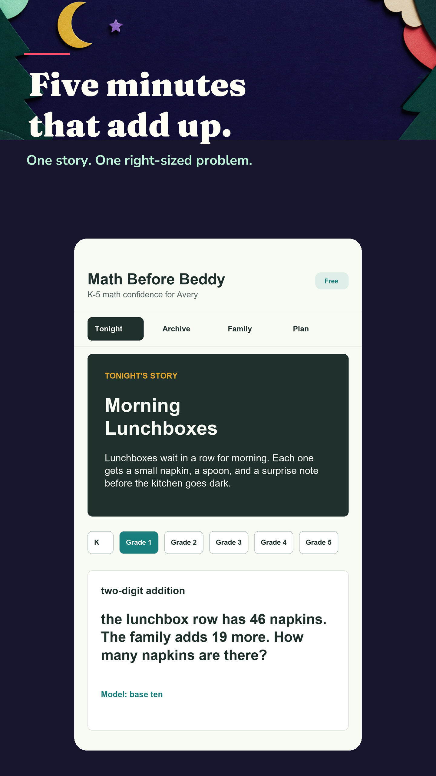 Math Before Beddy daily story and right-sized problem under the headline Five minutes that add up