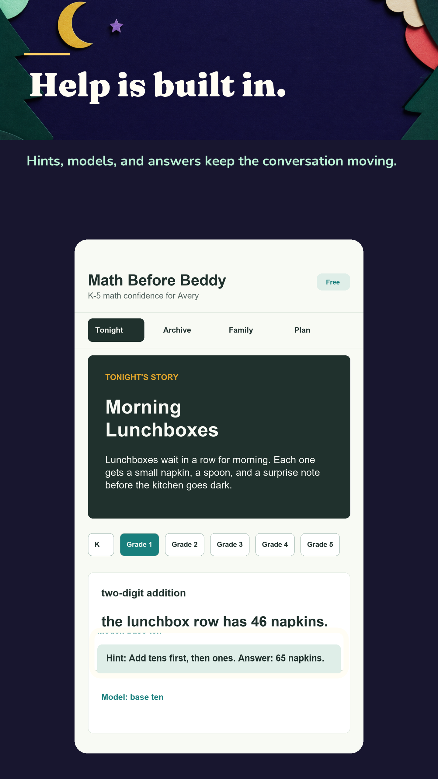 Math Before Beddy problem screen showing a built-in hint and answer