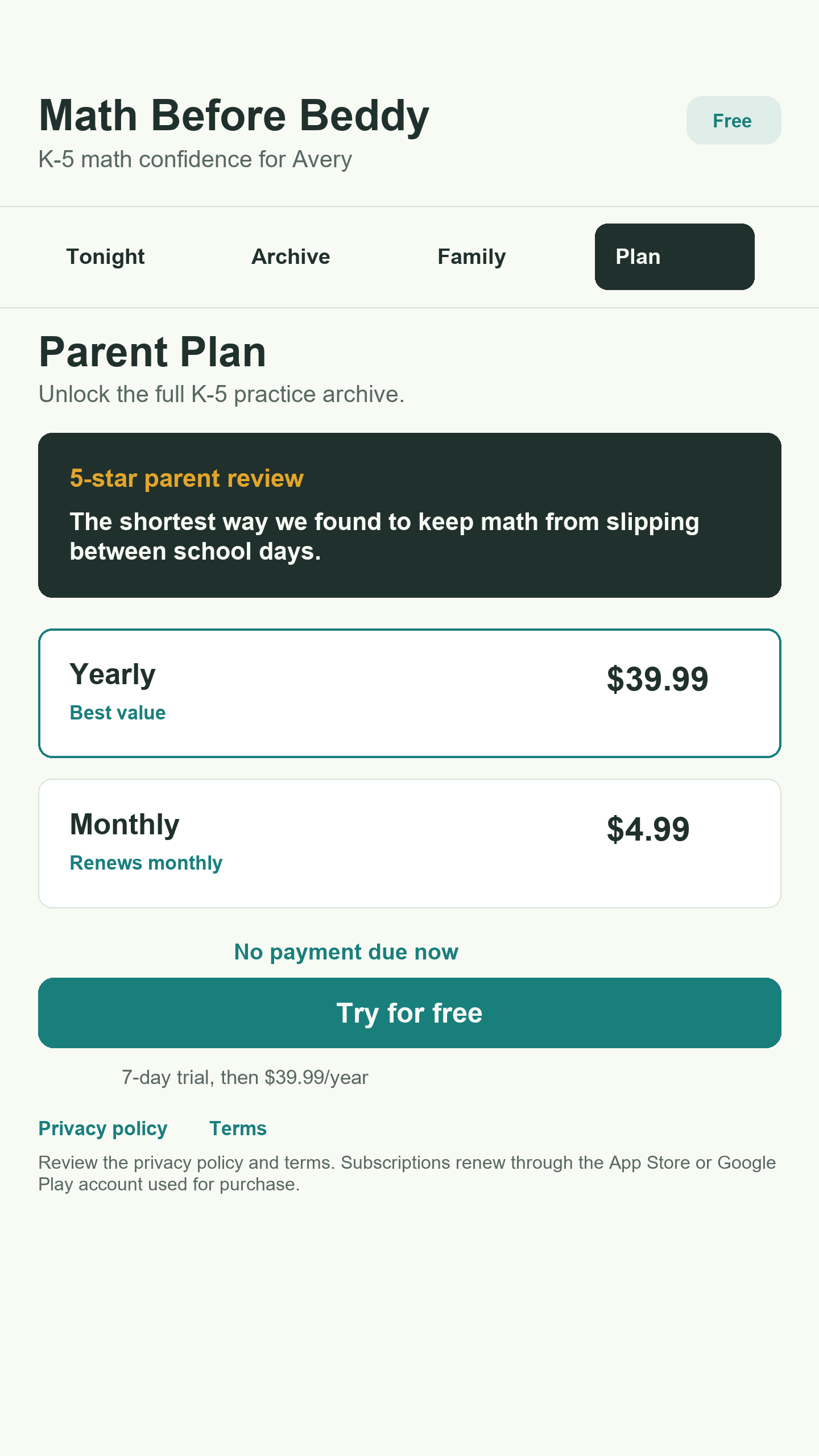 Beddy Plus plan screen with monthly and yearly subscription choices